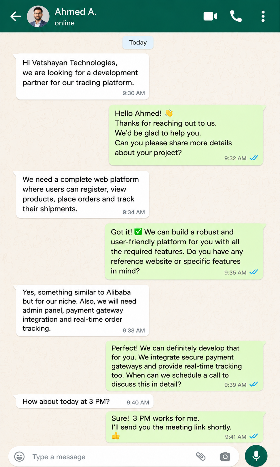 Ahmed A. WhatsApp client conversation