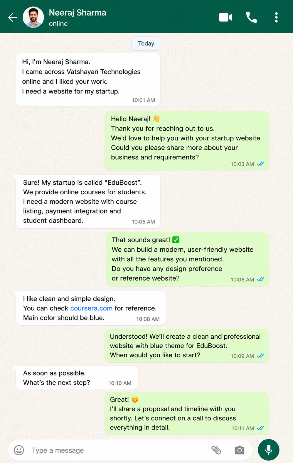 Neeraj Sharma WhatsApp client conversation