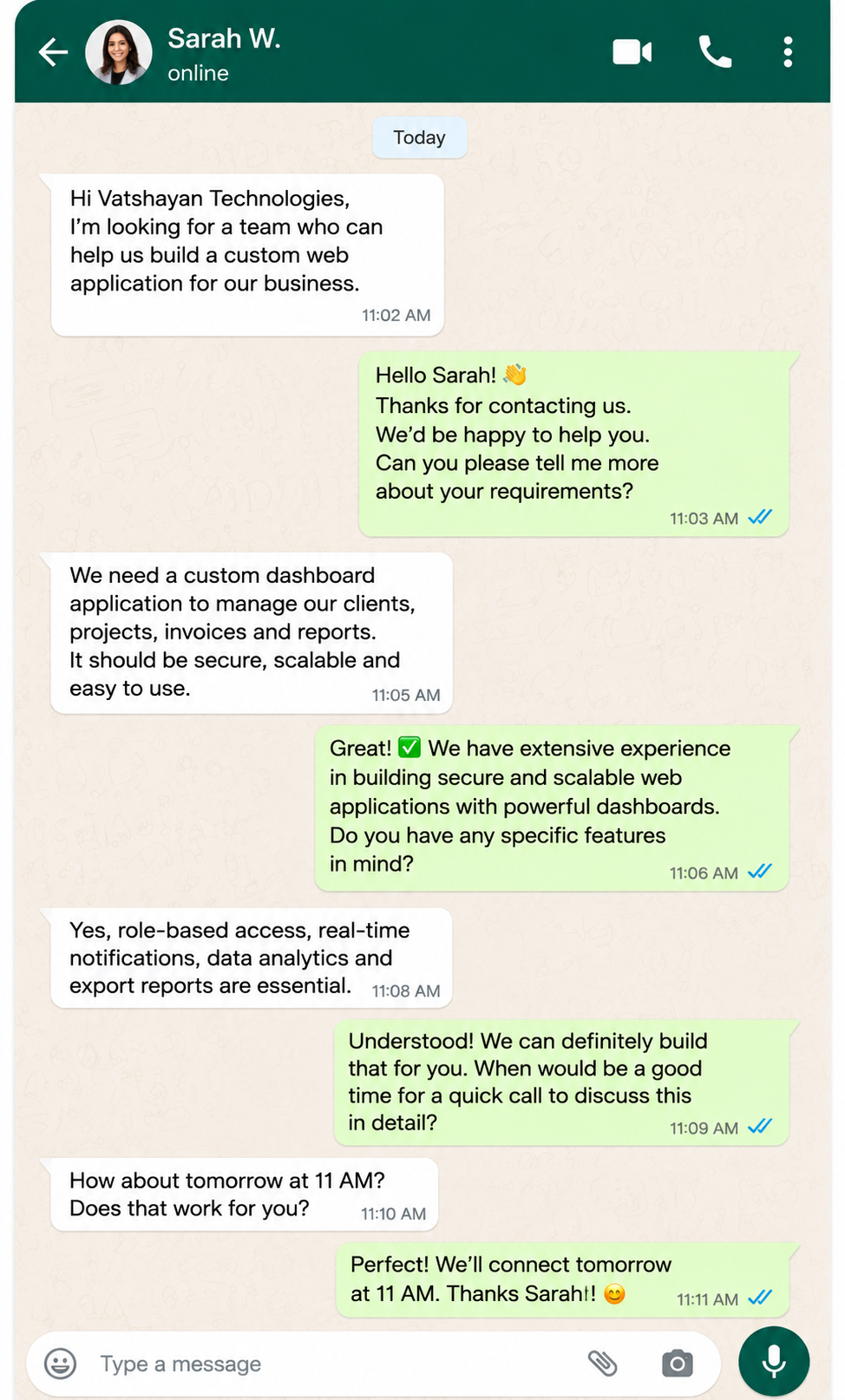 Sarah W. WhatsApp client conversation