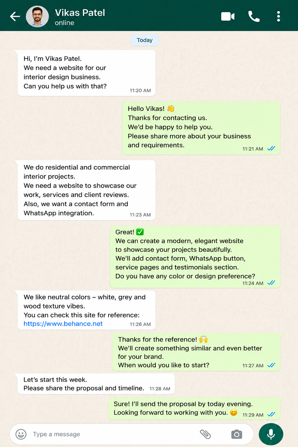 Vikas Patel WhatsApp client conversation